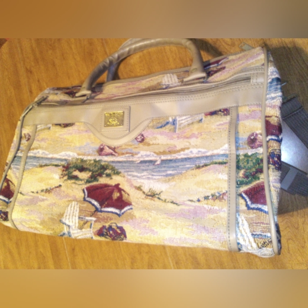 Pioneer Express Beach Scene Tapestry Beige Overnight Zippered Vintage Travel Bag